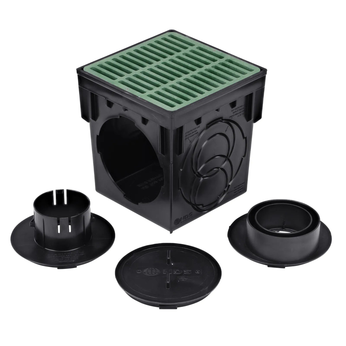 What's in each NDS 9 in. catch basin kit: basin, grate, 2 outlet adapters and an outlet plug