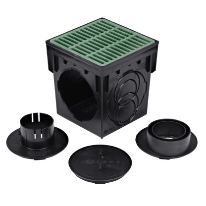 What's in each NDS 9 in. catch basin kit: basin, grate, 2 outlet adapters and an outlet plug
