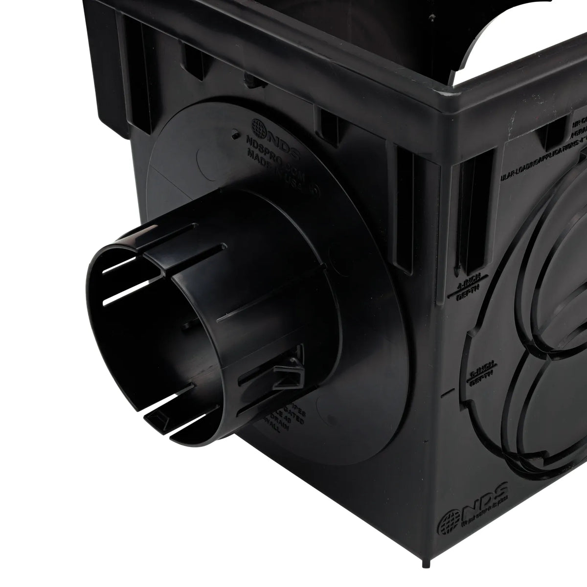 Locking outlet adapter snapped into the side opening of the NDS 9 in. catch basin