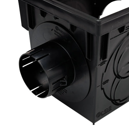 Locking outlet adapter snapped into the side opening of the NDS 9 in. catch basin