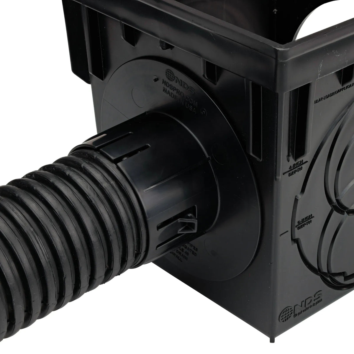 NDS 9 in. catch basin outlet connected to corrugated drain pipe